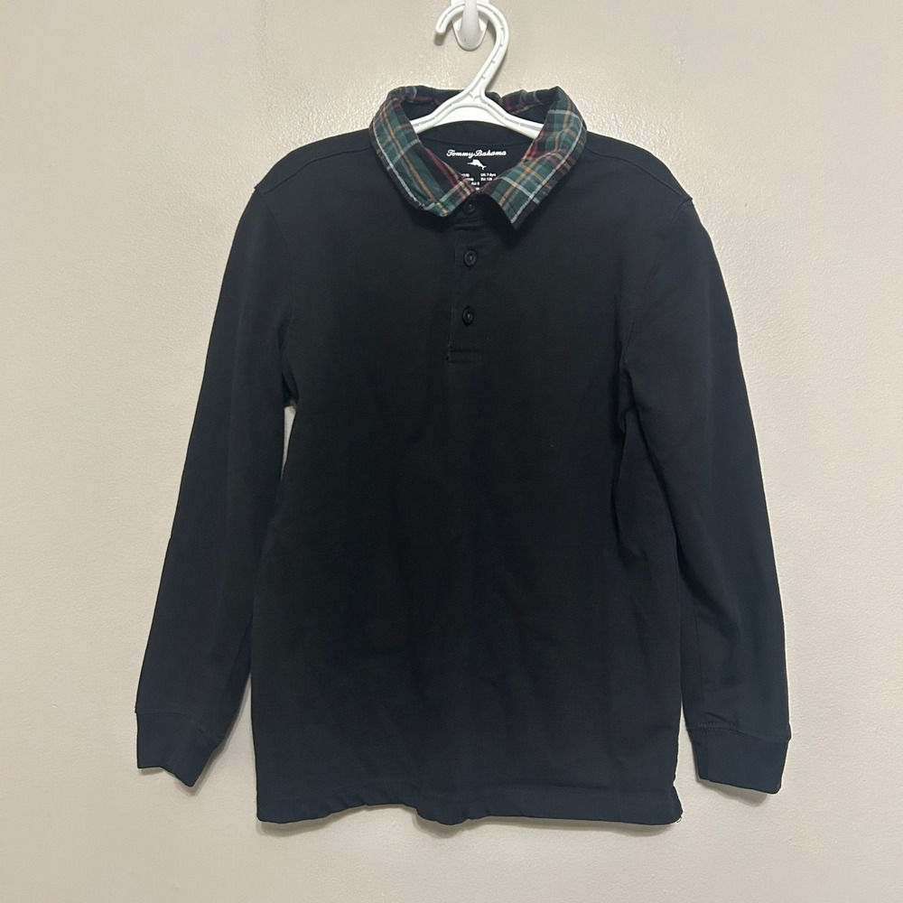 Tommy Bahama Polo Shirt Kids M 7/8 Black Long Sleeve Plaid Collar Preppy Luxury
